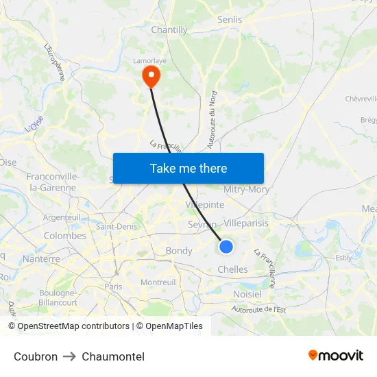 Coubron to Chaumontel map