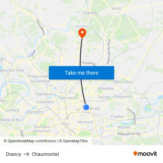 Drancy to Chaumontel map