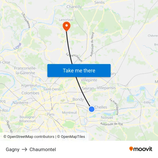 Gagny to Chaumontel map
