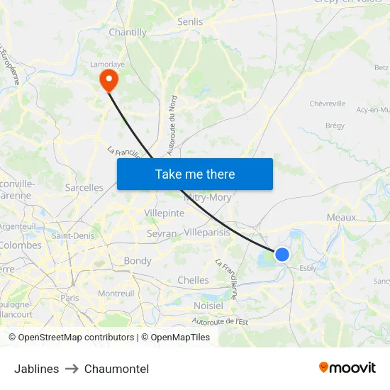 Jablines to Chaumontel map