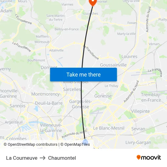 La Courneuve to Chaumontel map