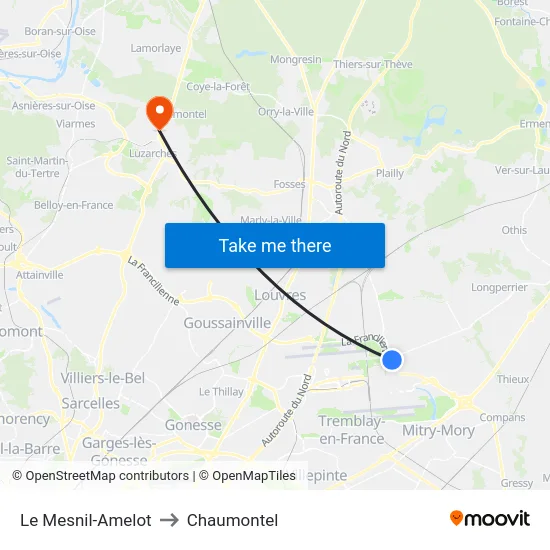 Le Mesnil-Amelot to Chaumontel map