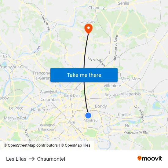 Les Lilas to Chaumontel map