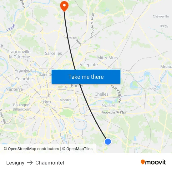 Lesigny to Chaumontel map