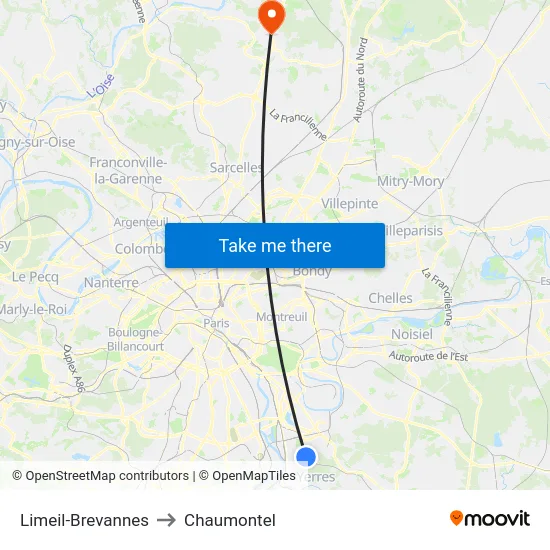 Limeil-Brevannes to Chaumontel map