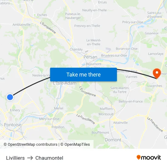 Livilliers to Chaumontel map