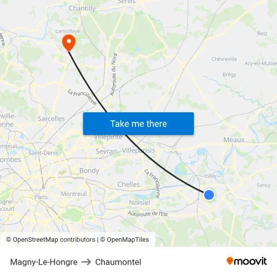 Magny-Le-Hongre to Chaumontel map