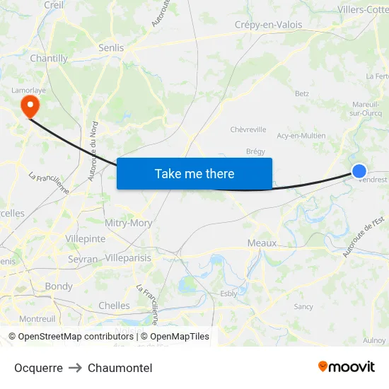 Ocquerre to Chaumontel map
