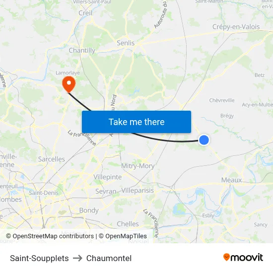 Saint-Soupplets to Chaumontel map