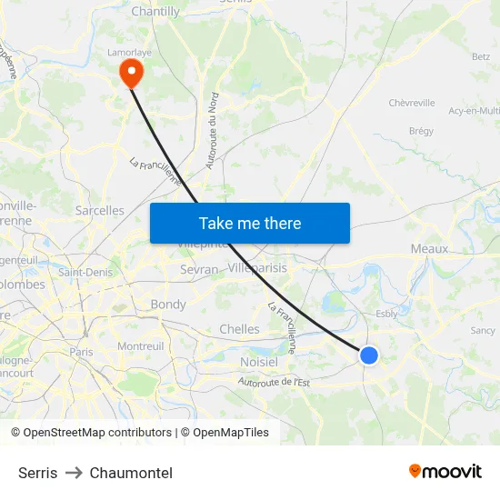Serris to Chaumontel map