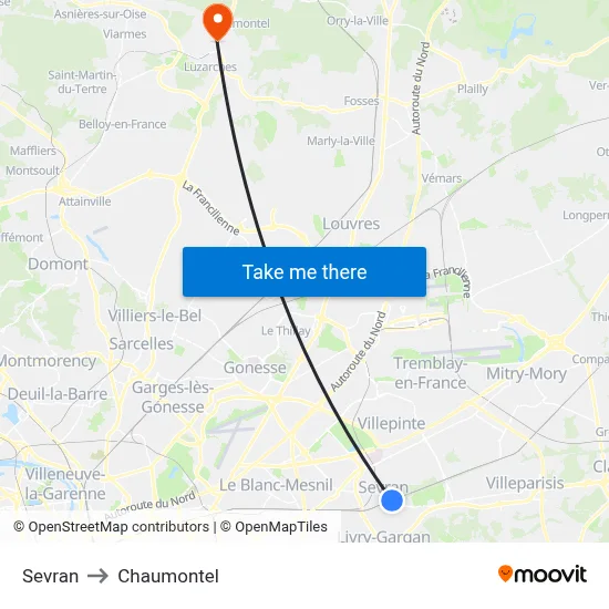 Sevran to Chaumontel map