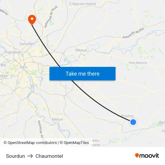 Sourdun to Chaumontel map