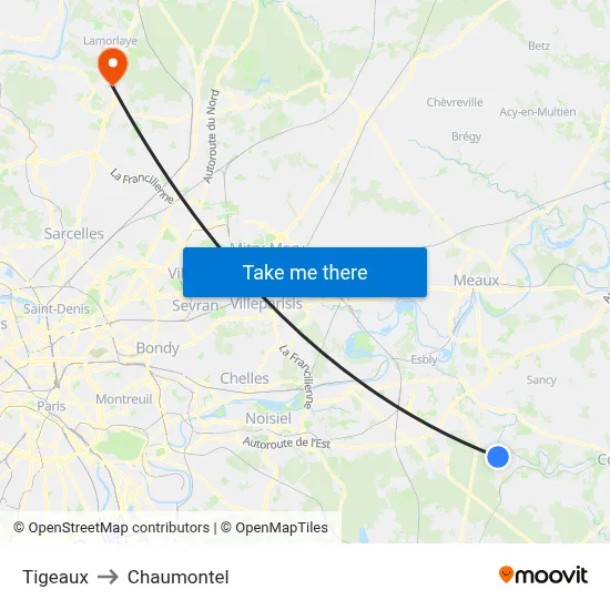 Tigeaux to Chaumontel map