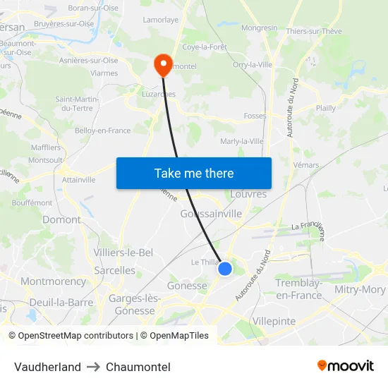 Vaudherland to Chaumontel map