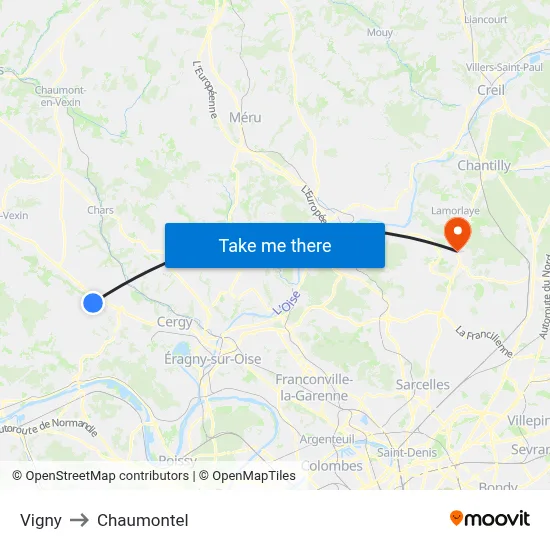 Vigny to Chaumontel map