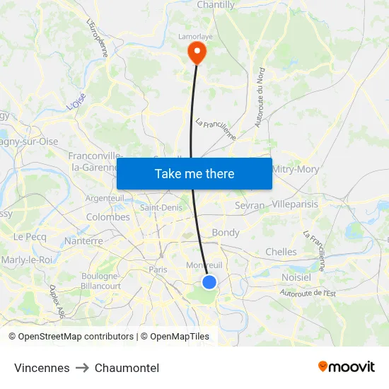 Vincennes to Chaumontel map