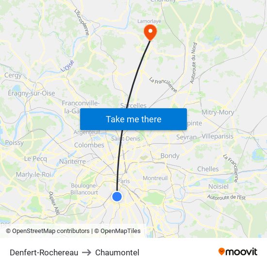 Denfert-Rochereau to Chaumontel map