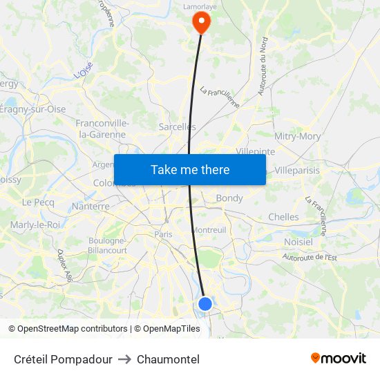 Créteil Pompadour to Chaumontel map