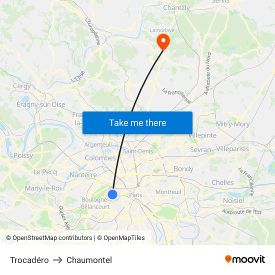 Trocadéro to Chaumontel map