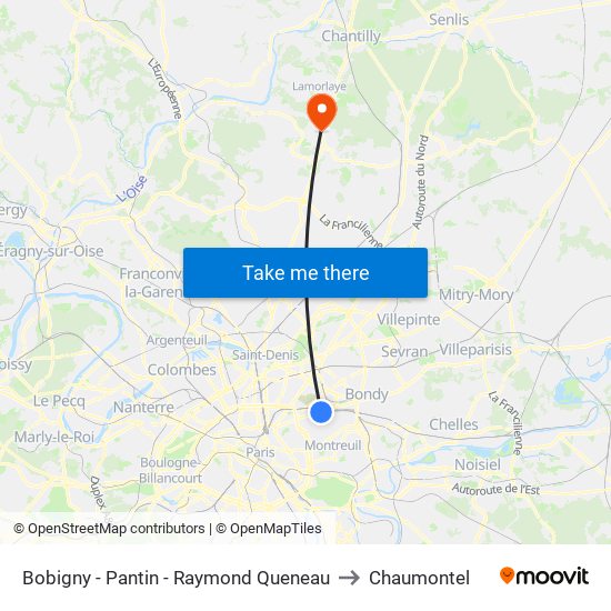 Bobigny - Pantin - Raymond Queneau to Chaumontel map