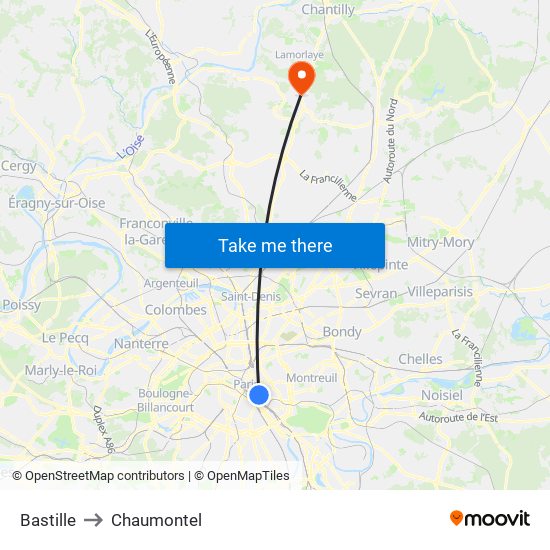 Bastille to Chaumontel map