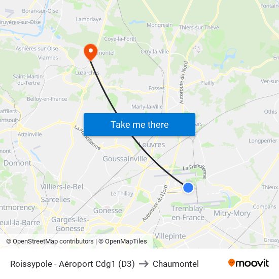 Roissypole - Aéroport Cdg1 (D3) to Chaumontel map