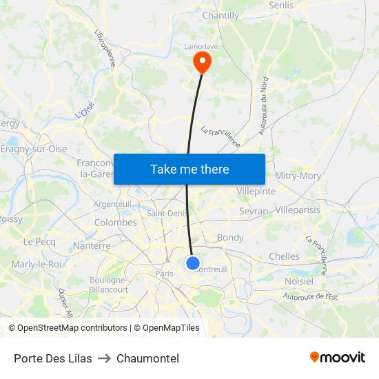 Porte Des Lilas to Chaumontel map