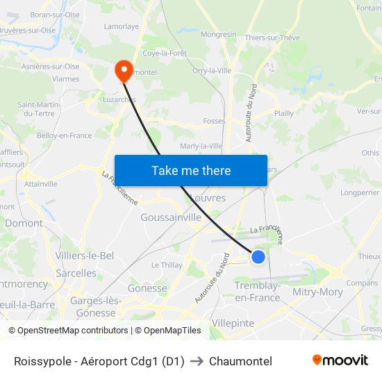 Roissypole - Aéroport Cdg1 (D1) to Chaumontel map