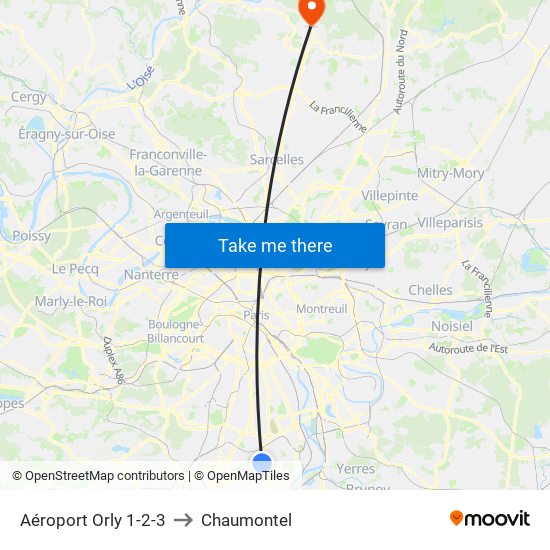 Aéroport Orly 1-2-3 to Chaumontel map