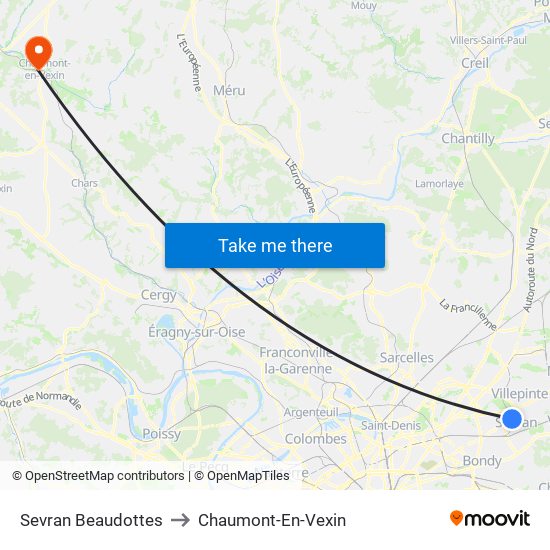 Sevran Beaudottes to Chaumont-En-Vexin map