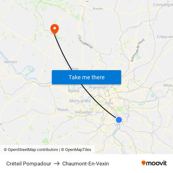 Créteil Pompadour to Chaumont-En-Vexin map