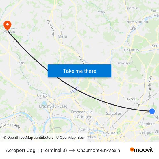Aéroport Cdg 1 (Terminal 3) to Chaumont-En-Vexin map