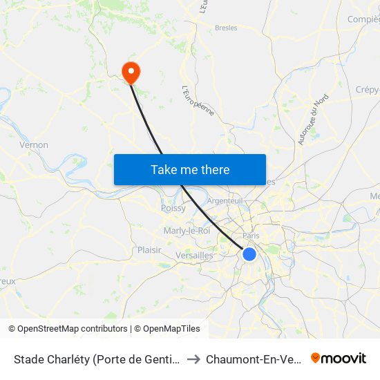 Stade Charléty (Porte de Gentilly) to Chaumont-En-Vexin map