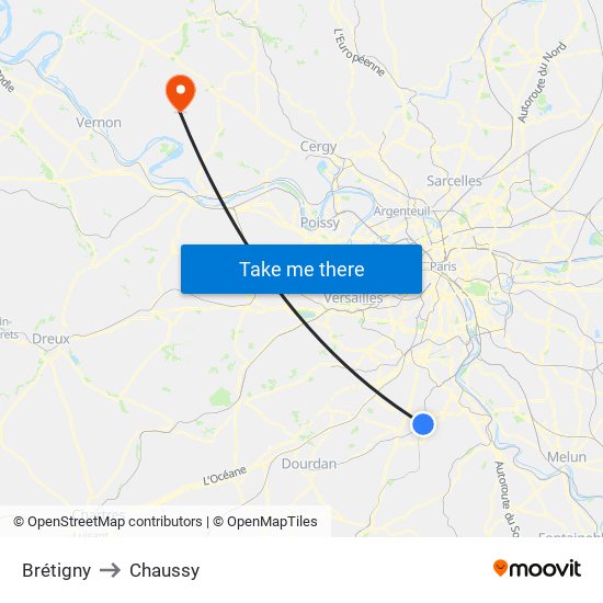 Brétigny to Chaussy map