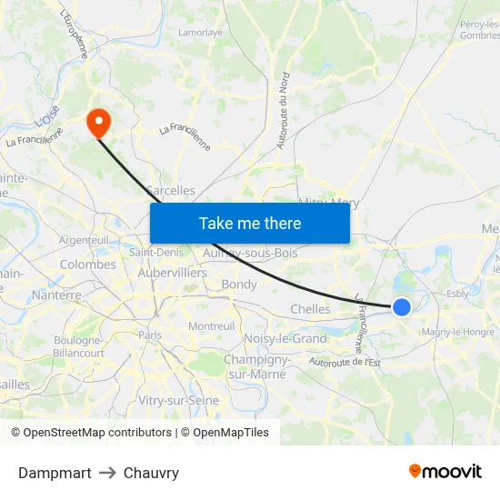 Dampmart to Chauvry map