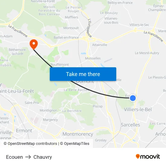 Ecouen to Chauvry map