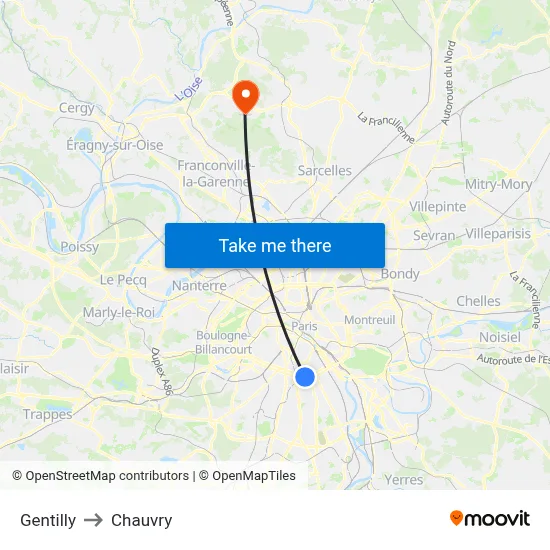 Gentilly to Chauvry map