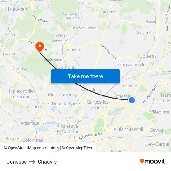 Gonesse to Chauvry map