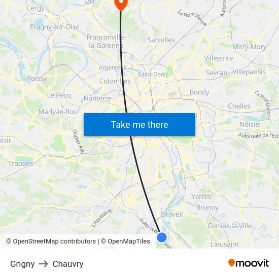 Grigny to Chauvry map