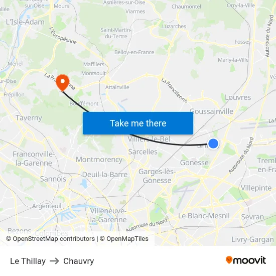 Le Thillay to Chauvry map