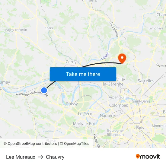 Les Mureaux to Chauvry map