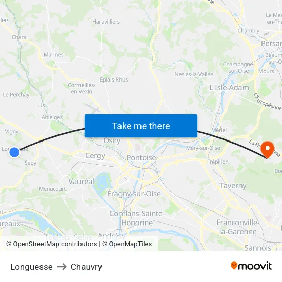 Longuesse to Chauvry map