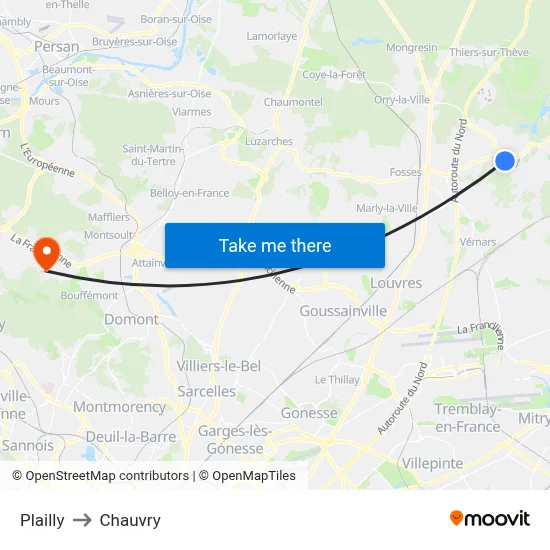 Plailly to Chauvry map