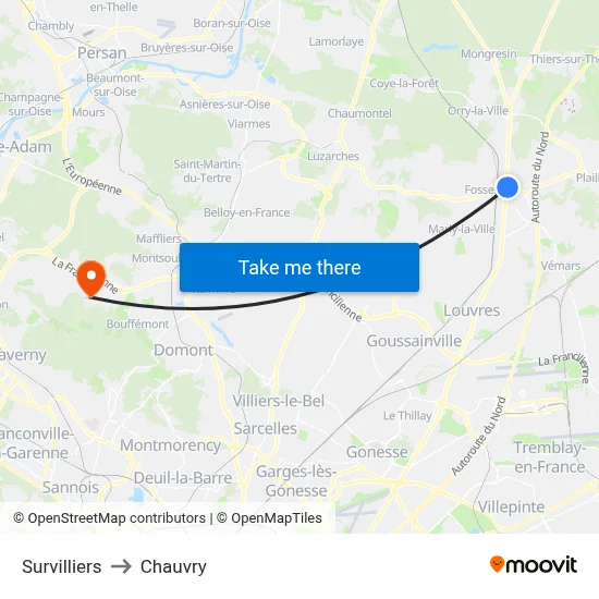 Survilliers to Chauvry map