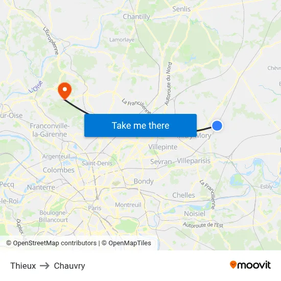 Thieux to Chauvry map