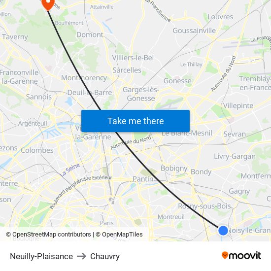 Neuilly-Plaisance to Chauvry map