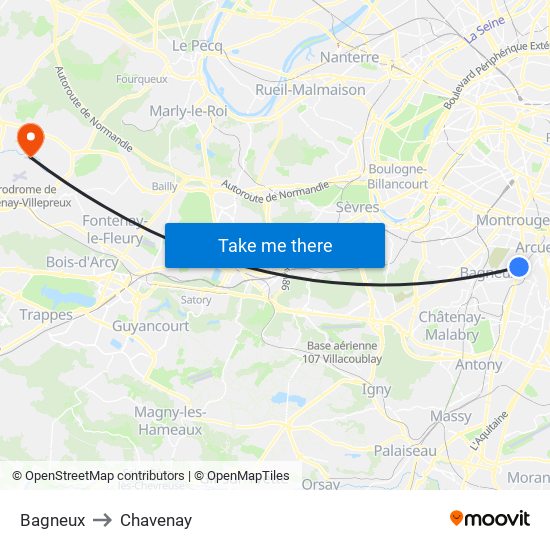 Bagneux to Chavenay map