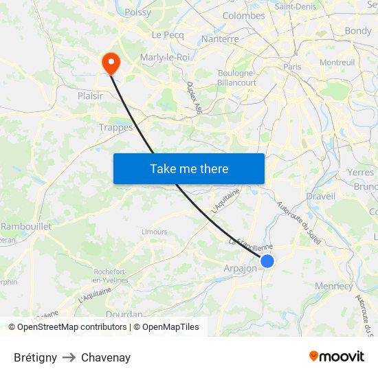 Brétigny to Chavenay map