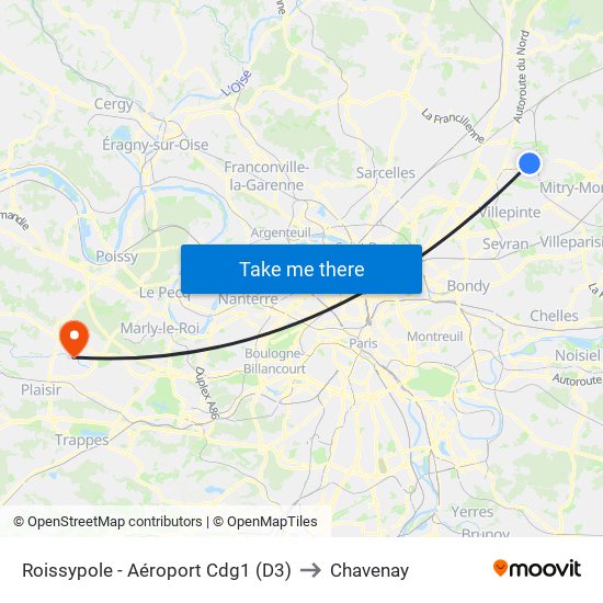 Roissypole - Aéroport Cdg1 (D3) to Chavenay map