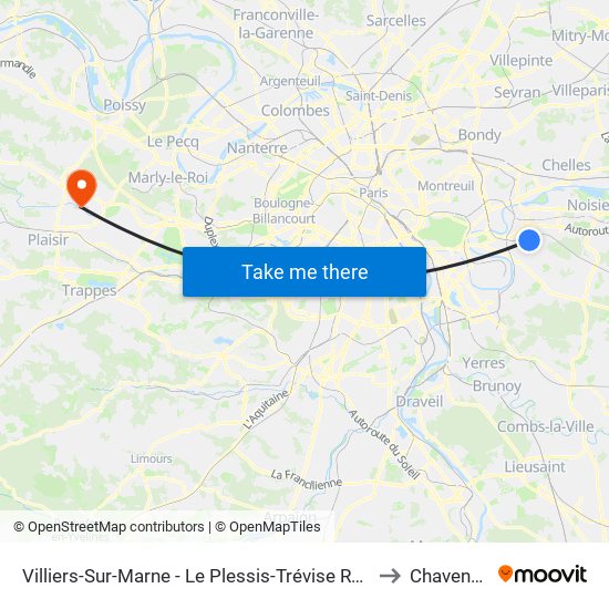 Villiers-Sur-Marne - Le Plessis-Trévise RER to Chavenay map